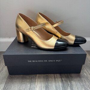 Naturalizer Lovable Mary Jane 2.5" Heel Gold Faux Leather with Black Patent Toe